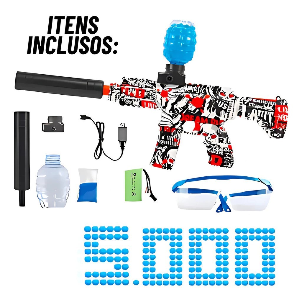 Arminha de Gel AK-47 Elétrico 5.000 Munições + Óculos de Proteção + Acessórios Inclusos