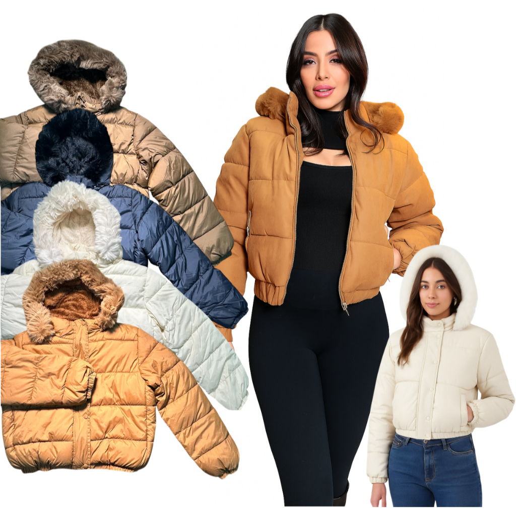 Jaqueta Puffer Feminina Cropped Impermeável Forrada Pelucia Capuz Removivel Blusa de Frio Bobojaco