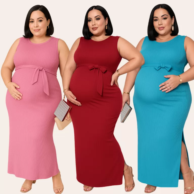 Vestido Gestante Plus Size Longo Canelado e Elasta