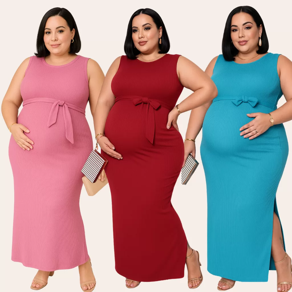 Vestido Gestante Plus Size Longo Canelado e Elastano Laço em Amarração e Fenda Lateral Moda De inver