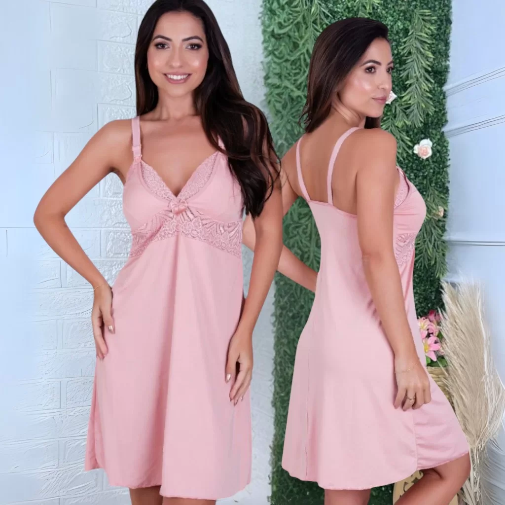 Camisola Amamentação sem Bojo – Gestante e Pós Parto – Abre Fácil Renda Frontal Pijama Conforto –