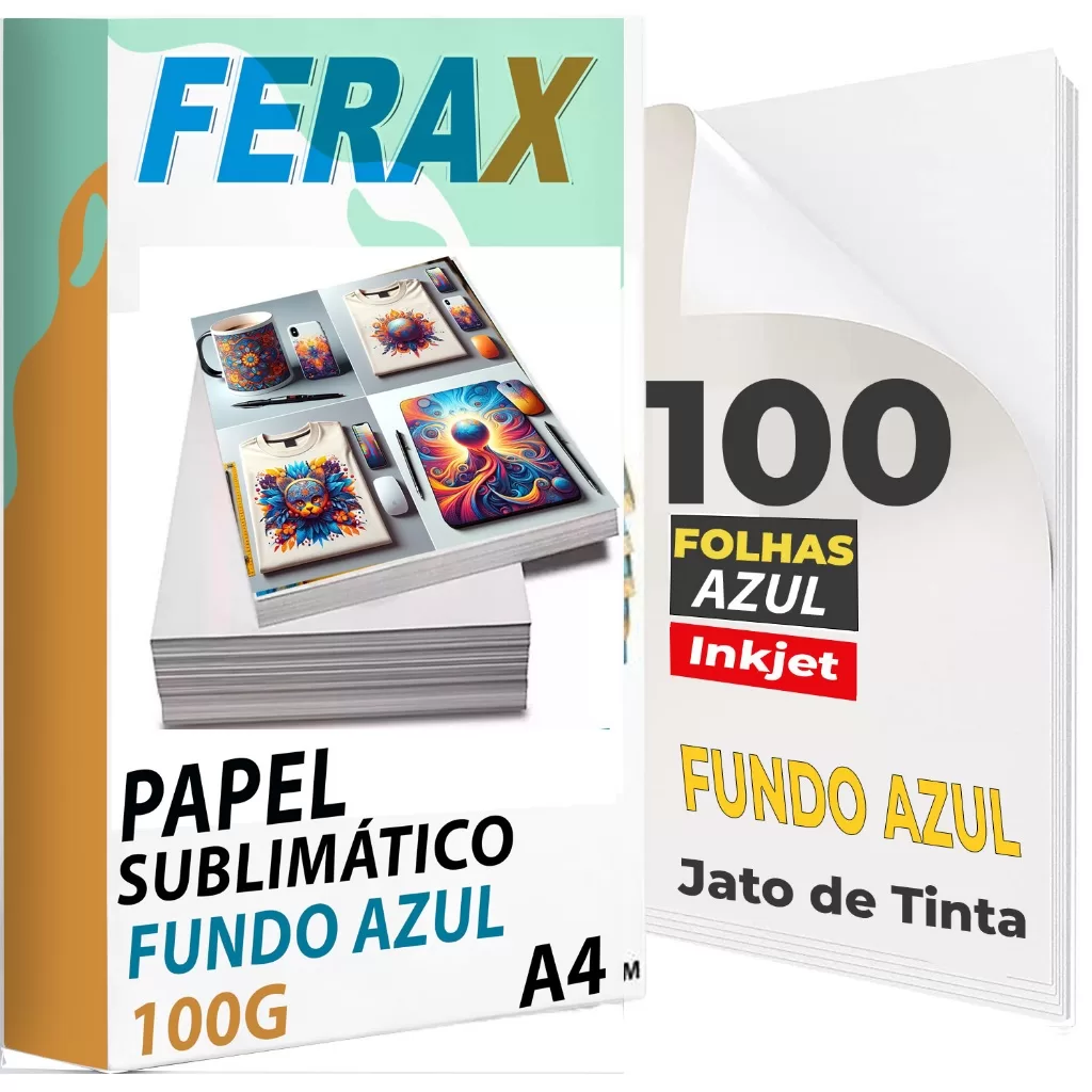 Ferax 100 Folhas Papel Sublimatico Impressoras Jato de Tinta – A4 Azul – Personalização