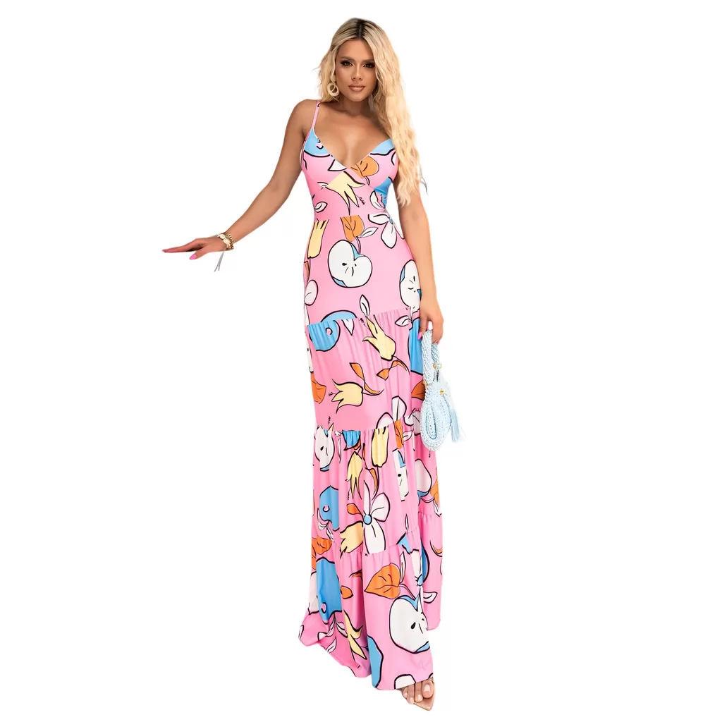 Vestido Longo Casual Acetinado Estampado Alcinha Rodado Poliamida