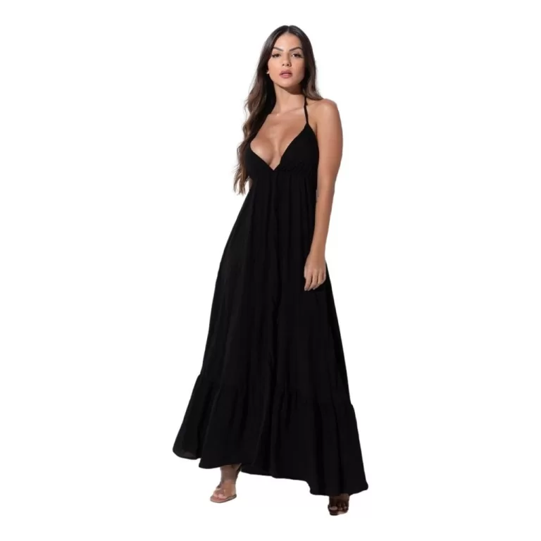 Vestido Longo Decotado Casual Rodado Elastex Visco