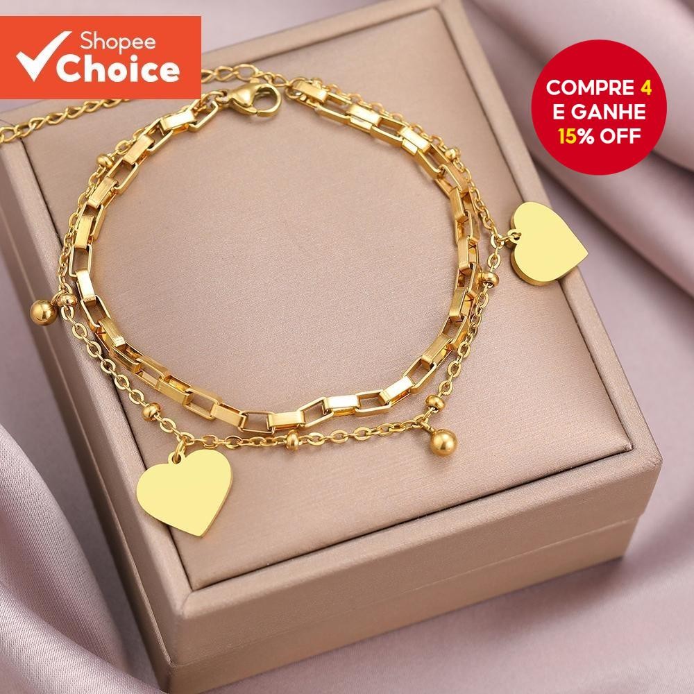 Bracelete Coração De Aço Inoxidável Moda Prata Ouro Cor Elegante