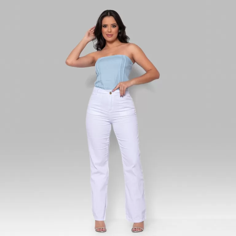 Calça Wide Leg Branca Cintura Alta Pantalona Teci