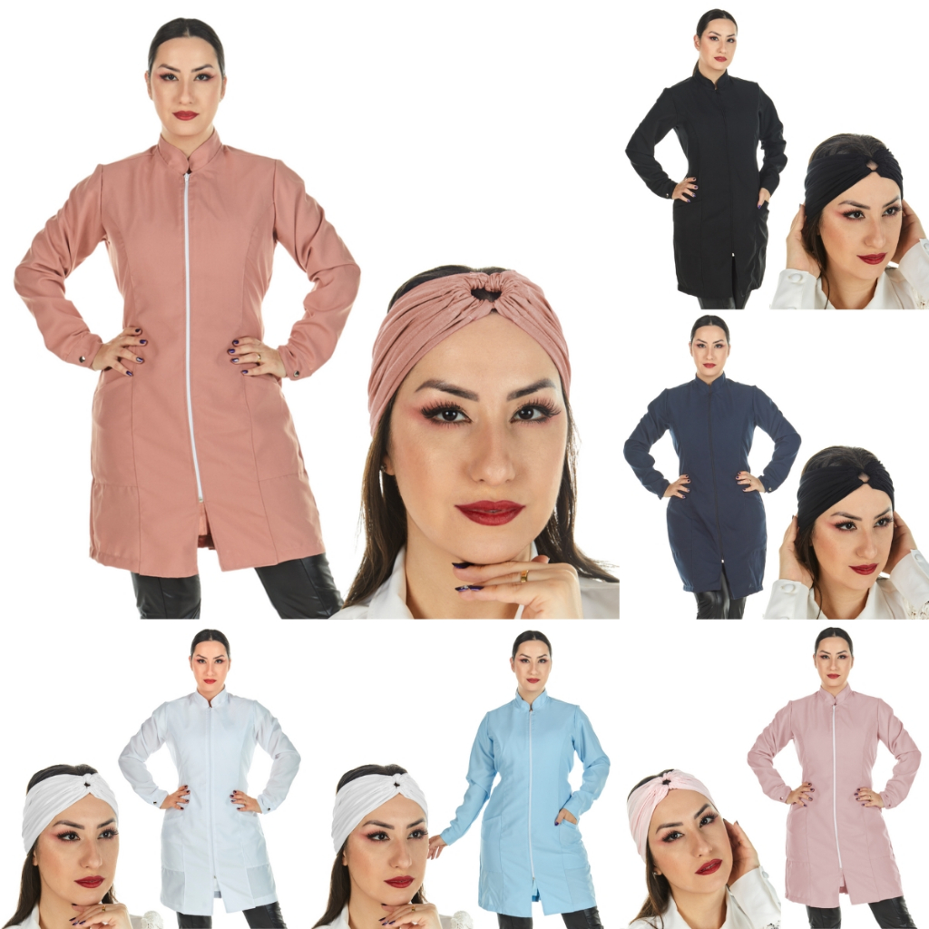 Jaleco Oxford Feminino Acinturado Zíper Gola Padre Manga Longa Com Faixa 2 em 1 Turbante de Cabelo