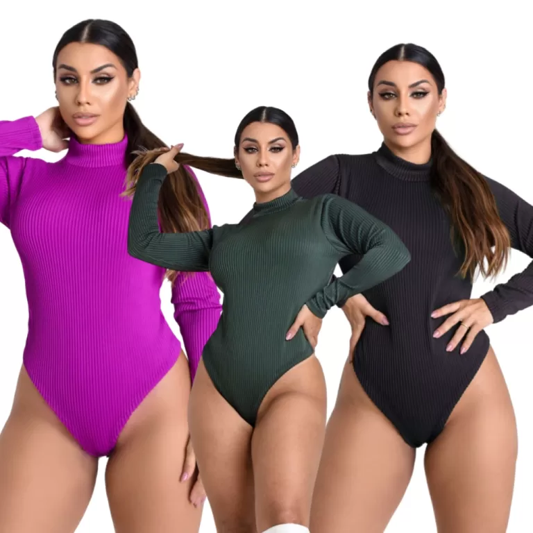 Body Bory Canelado Blusa Manga Longa Feminina Kit 