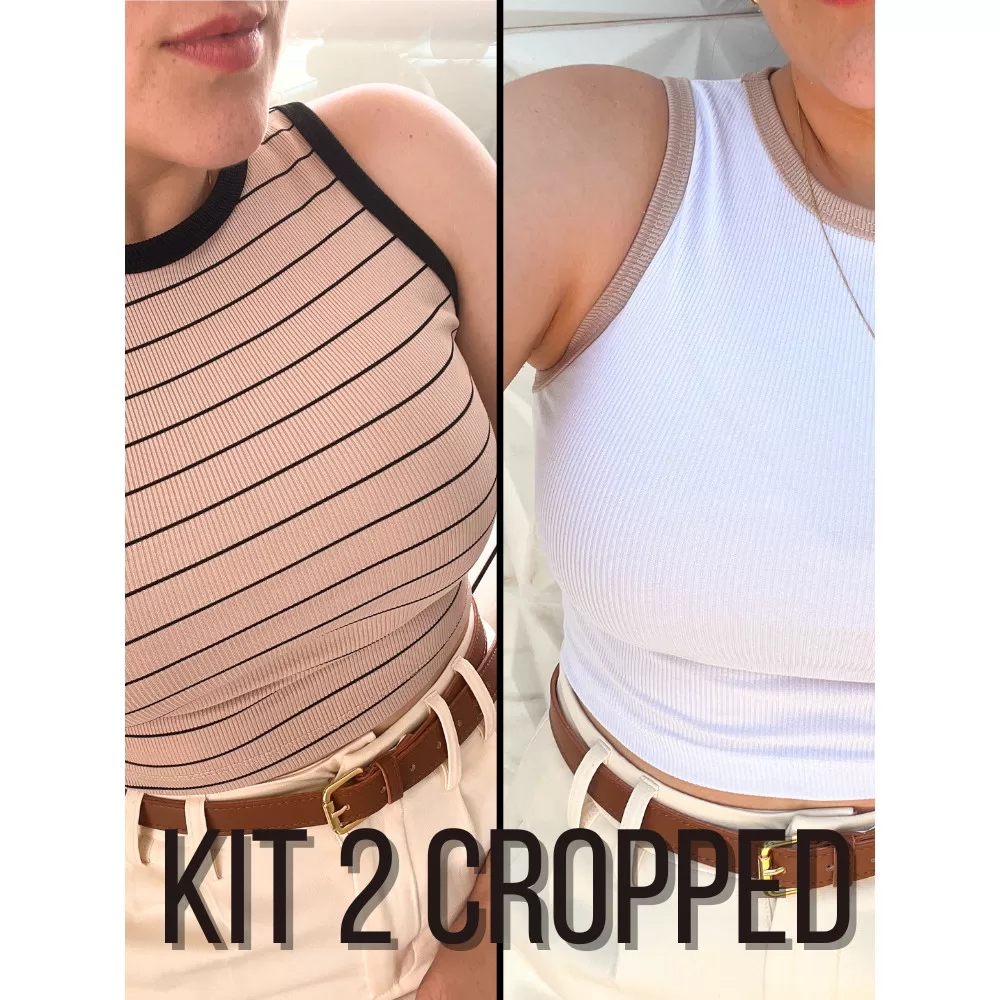 kit 2 Cropped Canelado Gola Redonda Feminino Listrado Elegante Verão Tendência Blusinha
