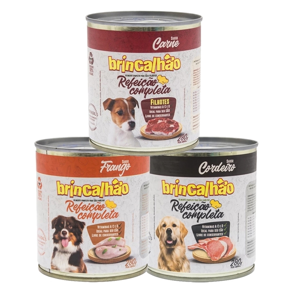 Kit Patê Ração para Cães Adultos e Filhotes Refeição Completa Brincalhão 03 Latas