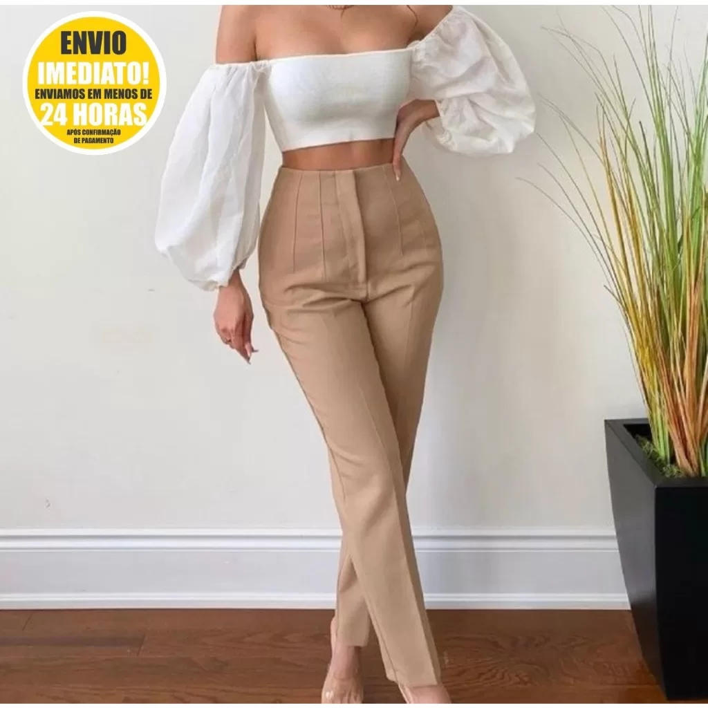 Calça Alfaiataria Feminina Cintura Alta Com Zíper Lançamento Blogueira ZR Social Slim Fino Empresari