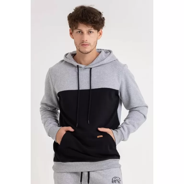 Blusao Masculino Moletom Recorte Preto Capuz e Bol