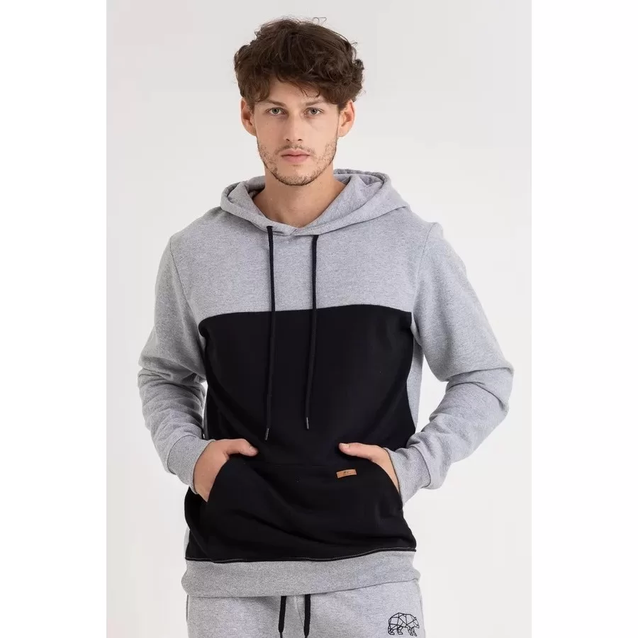 Blusao Masculino Moletom Recorte Preto Capuz e Bolso Canguru Cinza – 0063-MESCLA CINZA