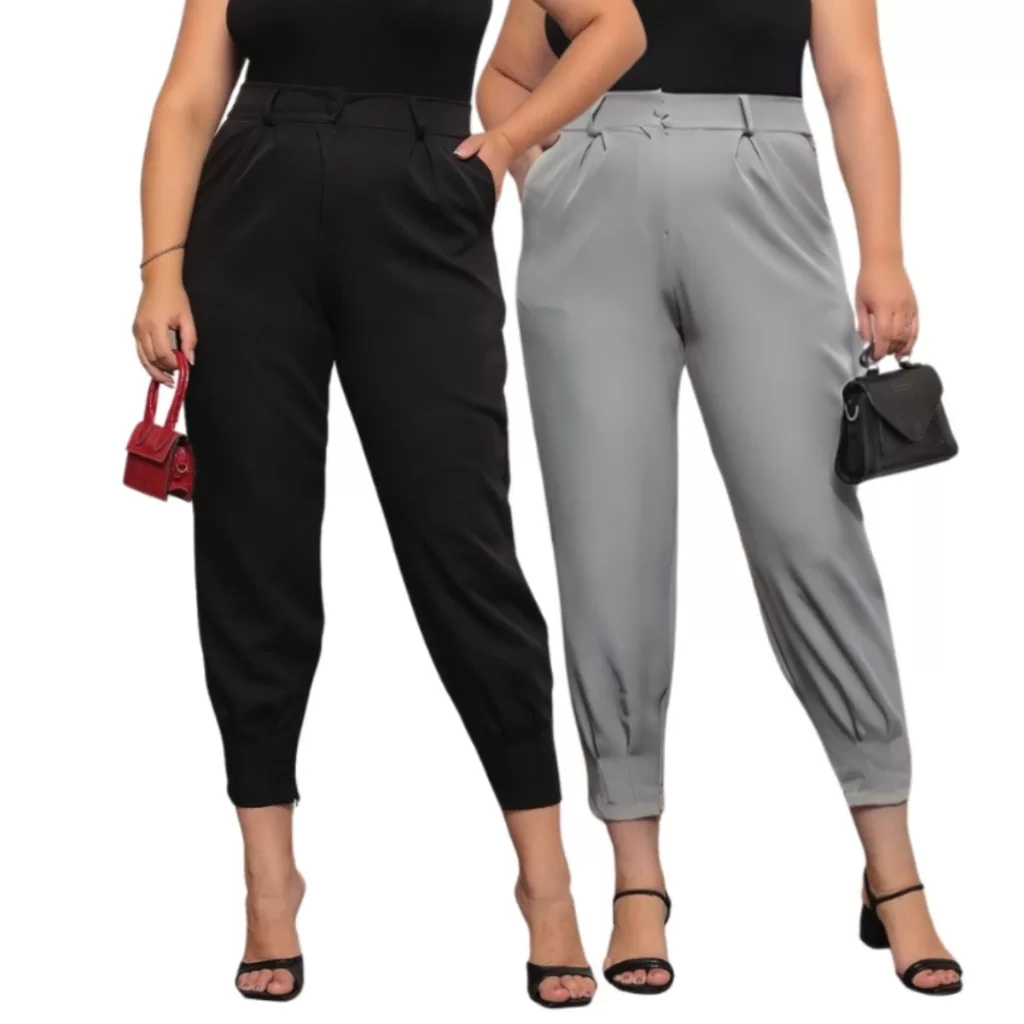 Kit 2 Calça Feminina Alfaiataria Modelo Cenoura Social Plus Size Moda Detalhe Ziper No Punho Casual