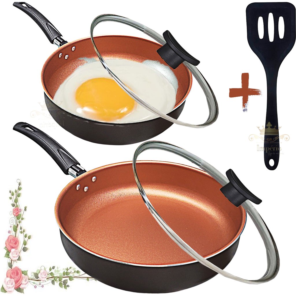 Kit 2 Frigideira Alta 24Cm e 18cm Preto Cobre Com Tampa De Vidro E Espátula Antiaderente 5 Camadas T