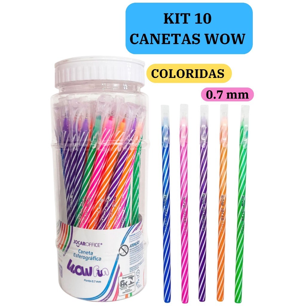Kit 10 Canetas Esferográficas Wow 0.7mm Coloridas Branco Escolar Escritório LeoELeo