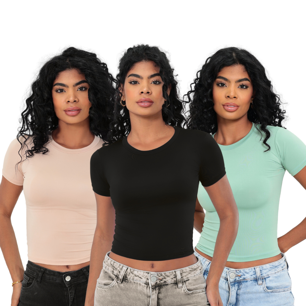 KIT 3: Baby Tee Feminina – Blusa Slim Fit Manga Curta – Blusa de Compressão