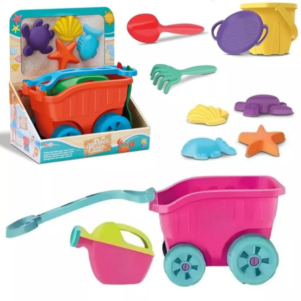Brinquedo de Praia Carriola Com Acessórios Infantil Forminhas Baldinho Pá – DiverToys 8087