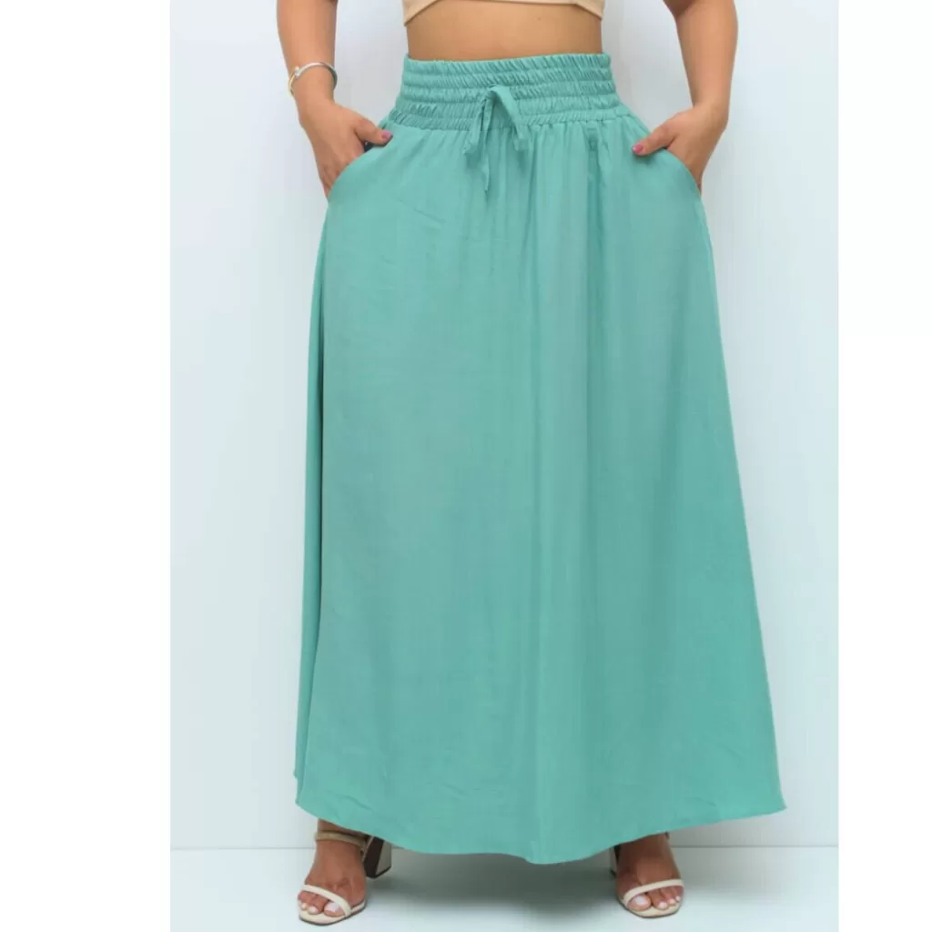 Saia Longa Viscolinho Com Bolsos Com Fenda Lateral Forrada Moda Casual