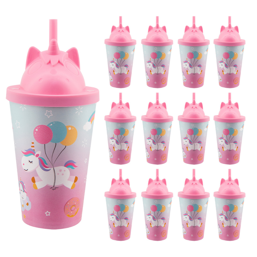 Copo Infantil Com Tampa 3D e Canudo Kit 17pçs Linha Animais Vários Temas Copo para Criança