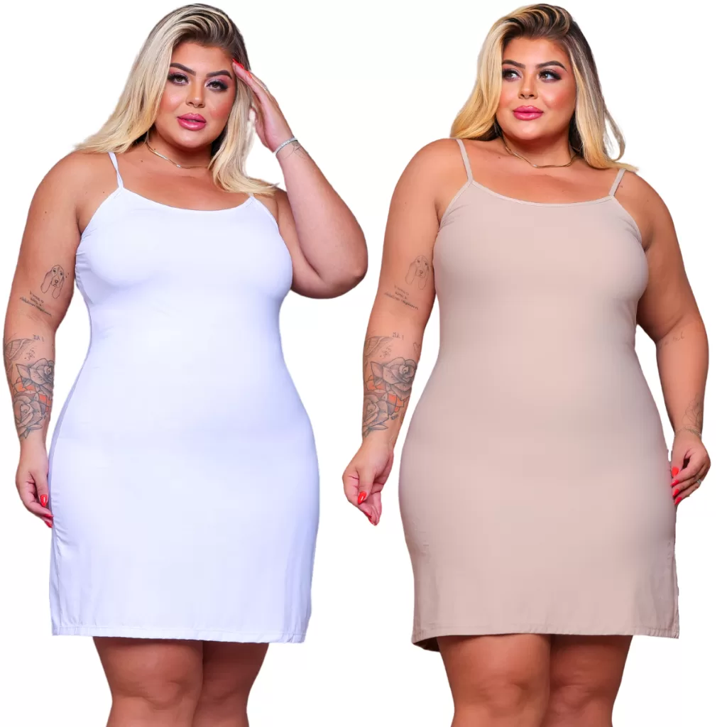 Kit 2 Vestido Anagua p Ao Plus Size Combinação Segunda Pele Branco Preto Nude Tampar Transparencia V