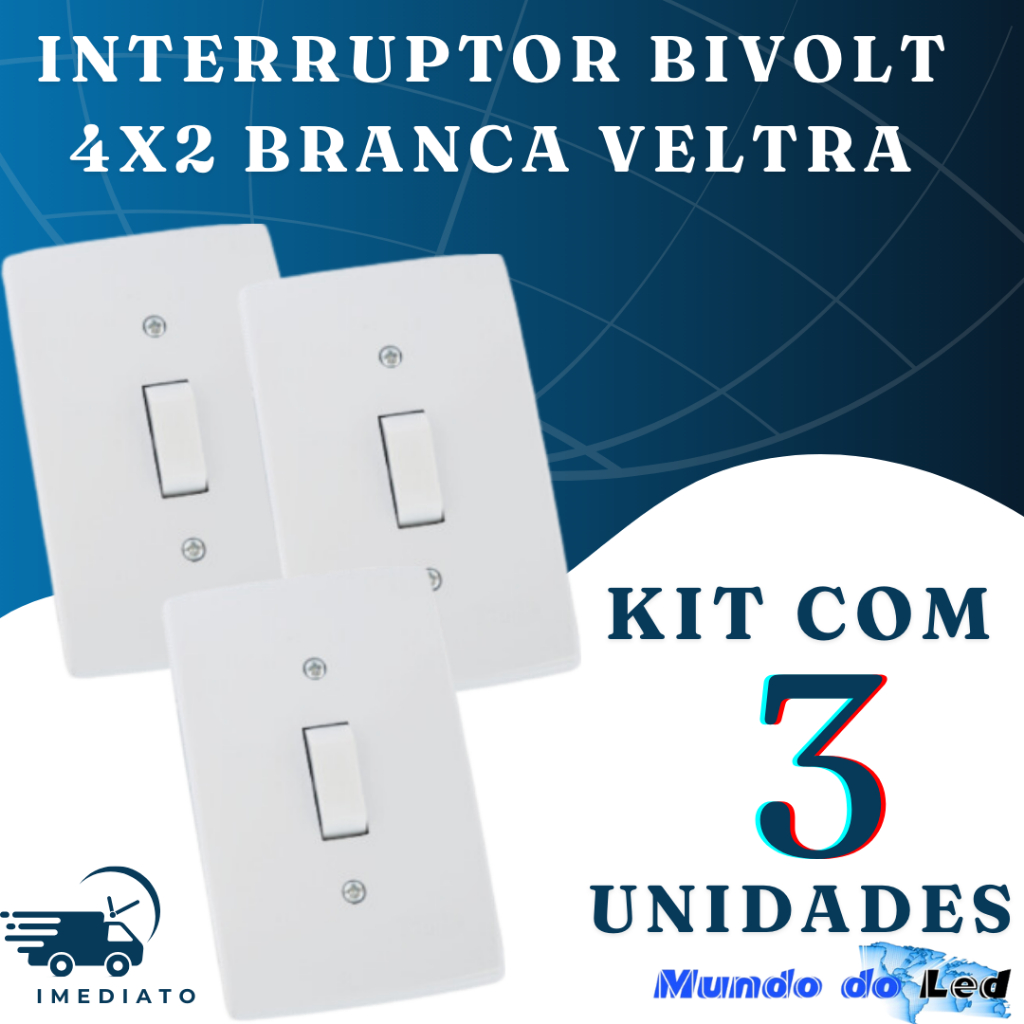 Kit 3 Interruptor 10a Bivolt 4×2 Branca Veltra