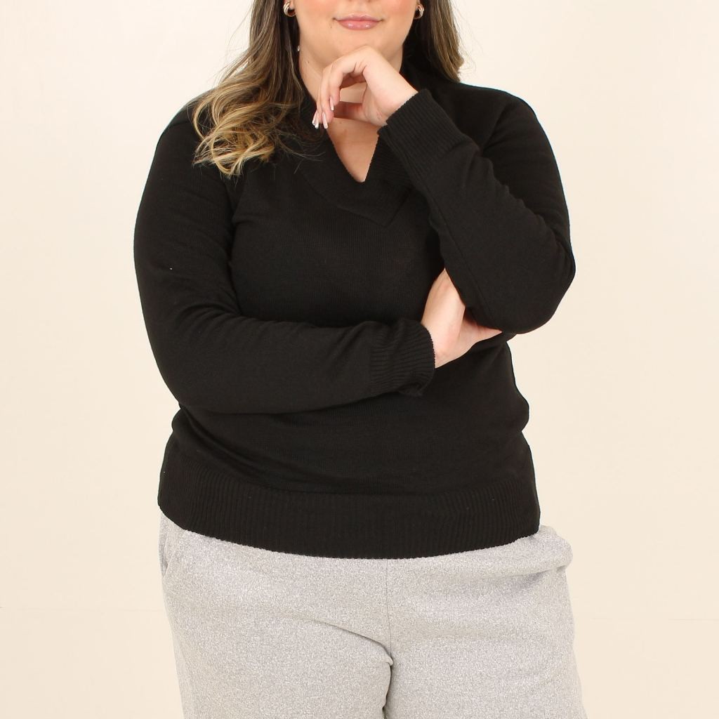 Suéter Tricô Plus Size Feminino Listrado Decote em V
