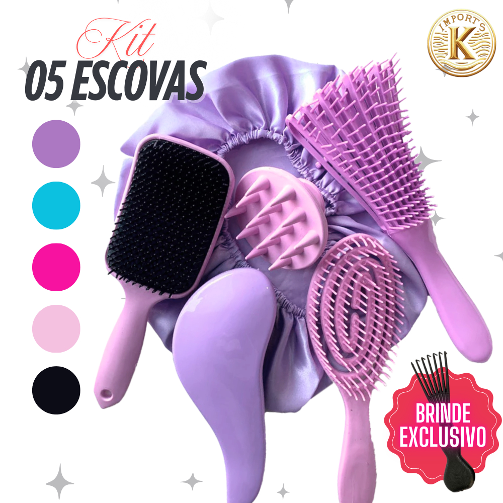 Kit 5 Escovas de Cabelo  + Touca de Cetim  Raquete Fashion, Mágica, Polvo, Massageadora de Silicone
