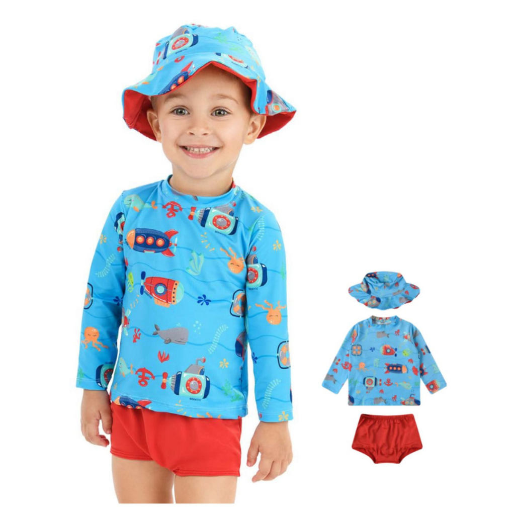 Kit Moda Praia Blusa com Proteção Solar UV50 + Tapa Fralda + Chapéu Bebê Infantil Meninos