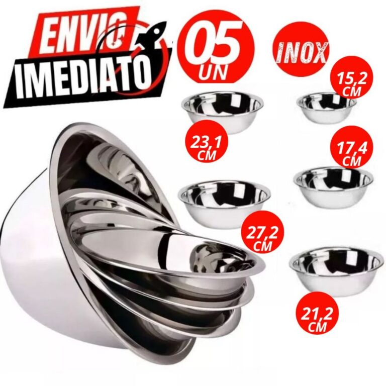 Kit Com 5 Tigelas Bowls Saladeira Em Aço Inox De 