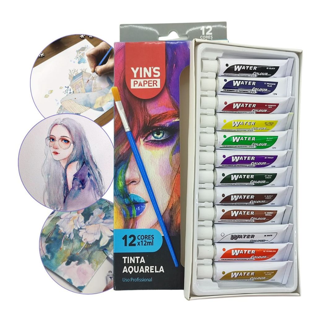 Tinta Aquarela Water Colors Bisnaga 12 Cores Com pincel profissionais e amadores
