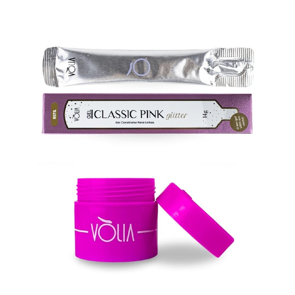 Sachê Refil Classic Pink Glitter 14g Vòlia + Pote Eco 30g Manicure Nail Designer Unha de Gel Fibra