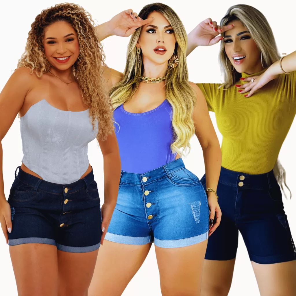 Kit 3 Short Jeans Feminino Lycra Cintura Alta 4 Botões Dourados Barra Dobrada Ilhós Bermuda Oferta