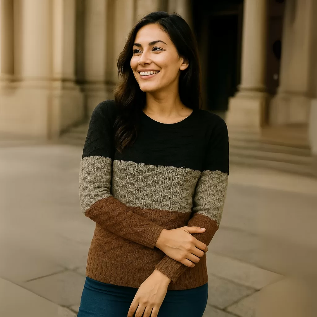 Blusa De Frio Feminina Manga Longa Tricot Relevo Tricolor Inverno Casual Básica