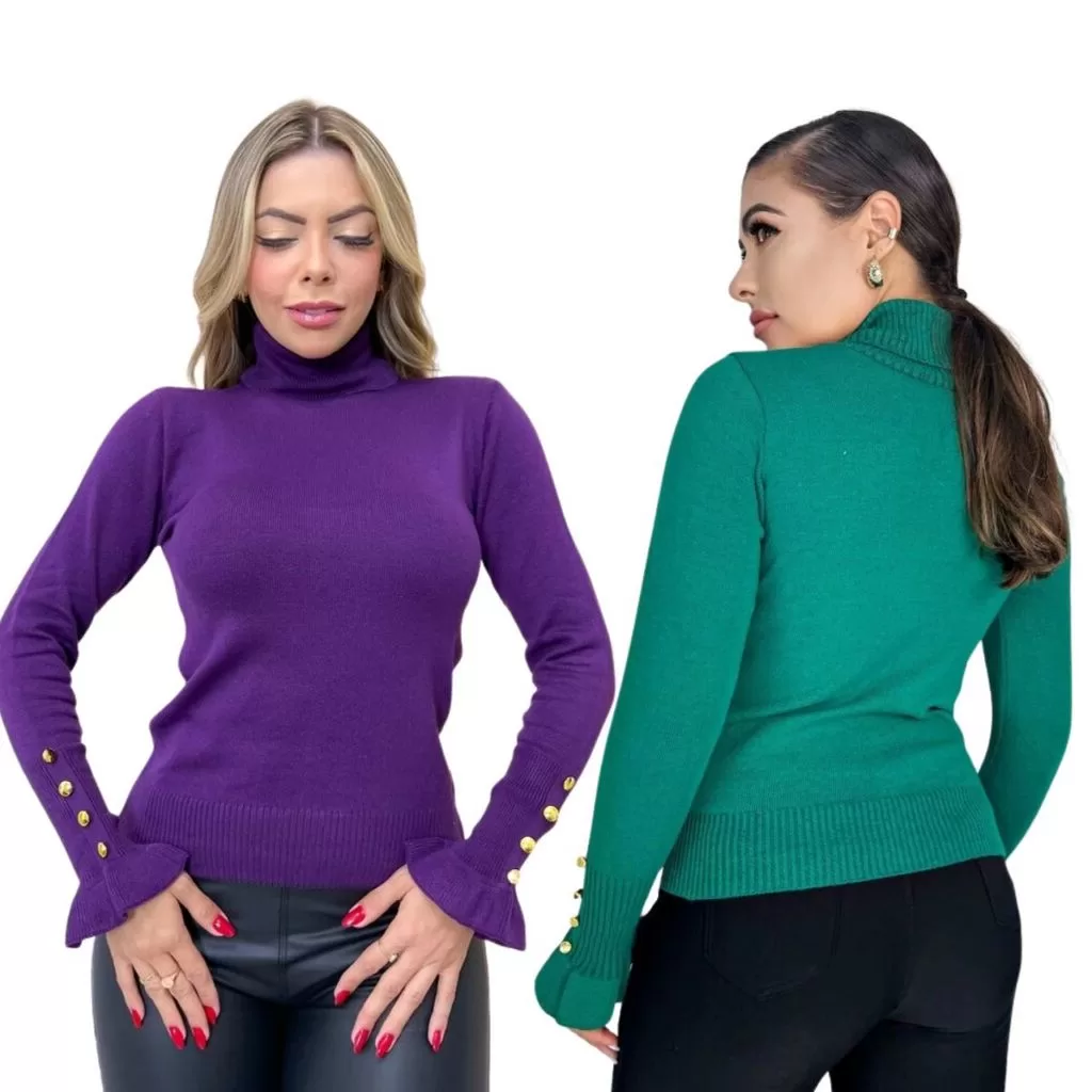 Blusa Feminina Tricot Manga Longa Cacharrel Botões Inverno Casual