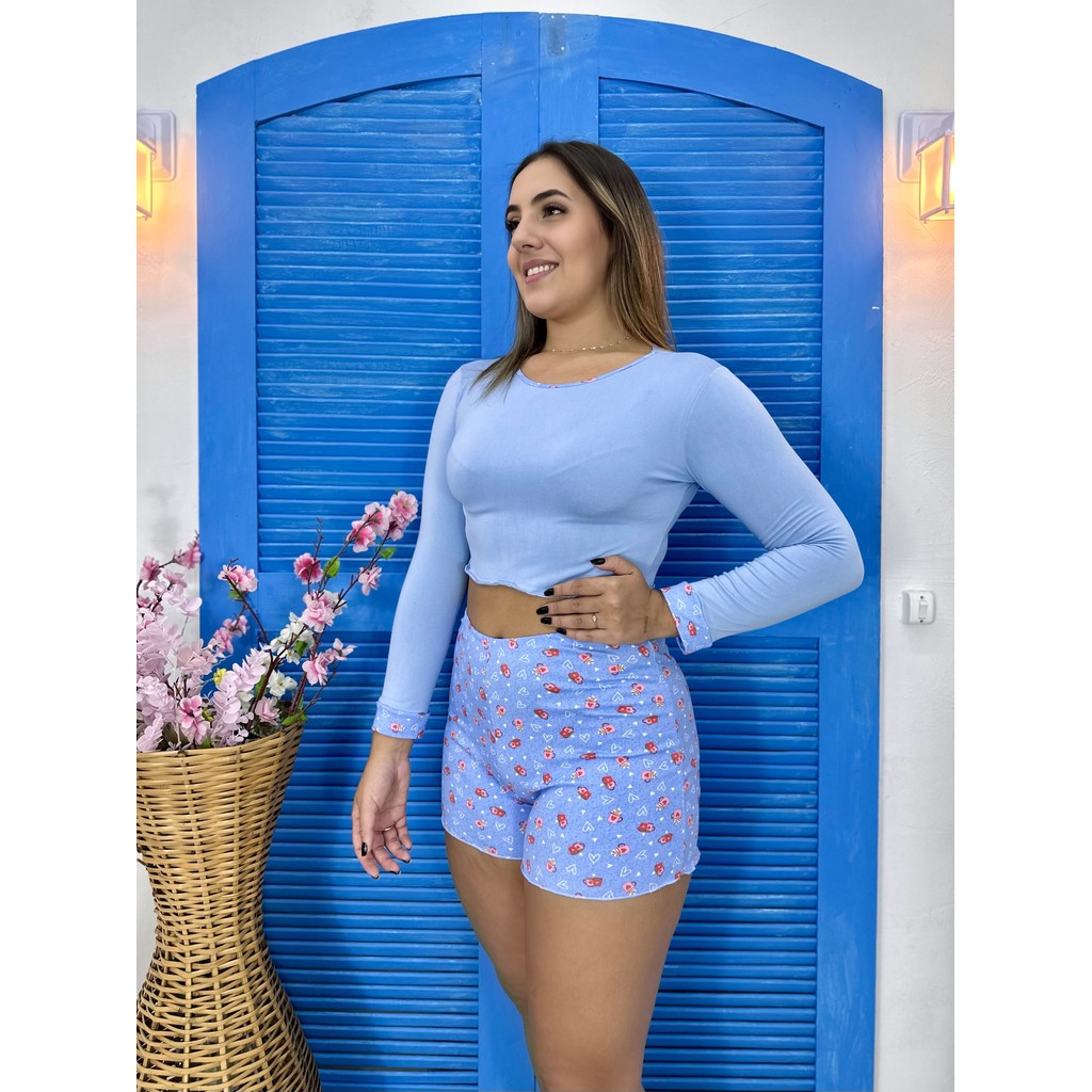 Short Doll pijama suede manga longa linha noite inverno roupa de dormir