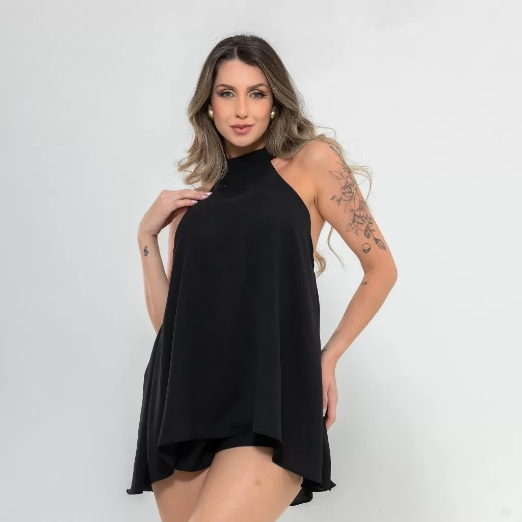 Macaquinho Vestido Feminino Frente Única Soltinho Gola Alta Moda VerãoTecidoPremium