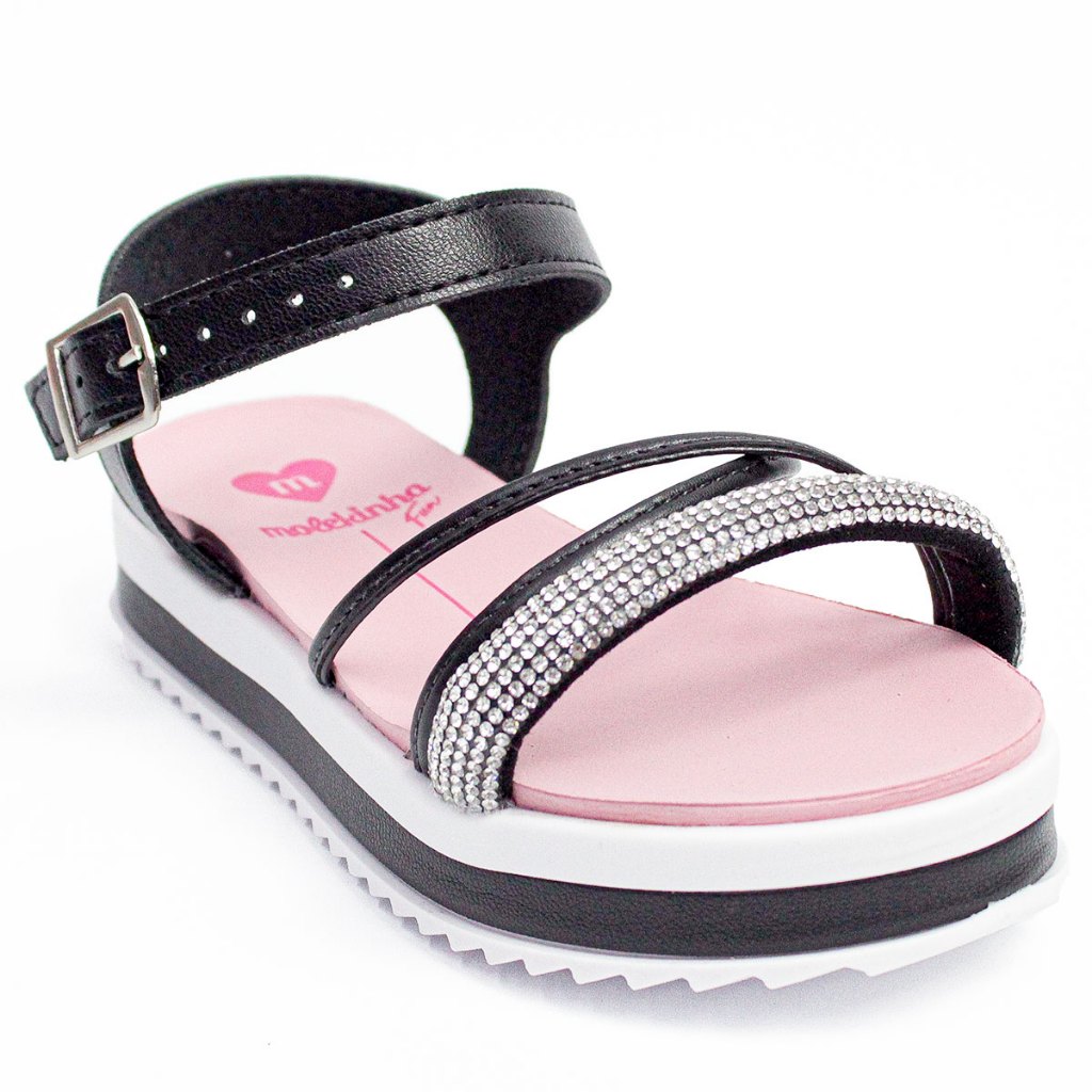 Sandália Molekinha Infantil Menina Flatform Strass 2305.1565 Preto Cristal