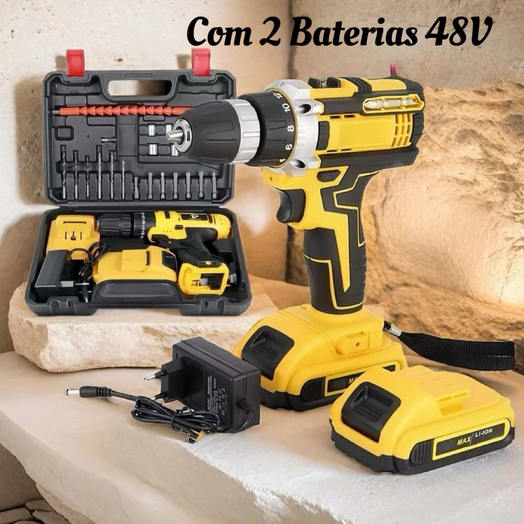 Parafusadeira Furadeira  48V 2 BATERIAS Com Maleta e Acessórios Completo amarelo e azul
