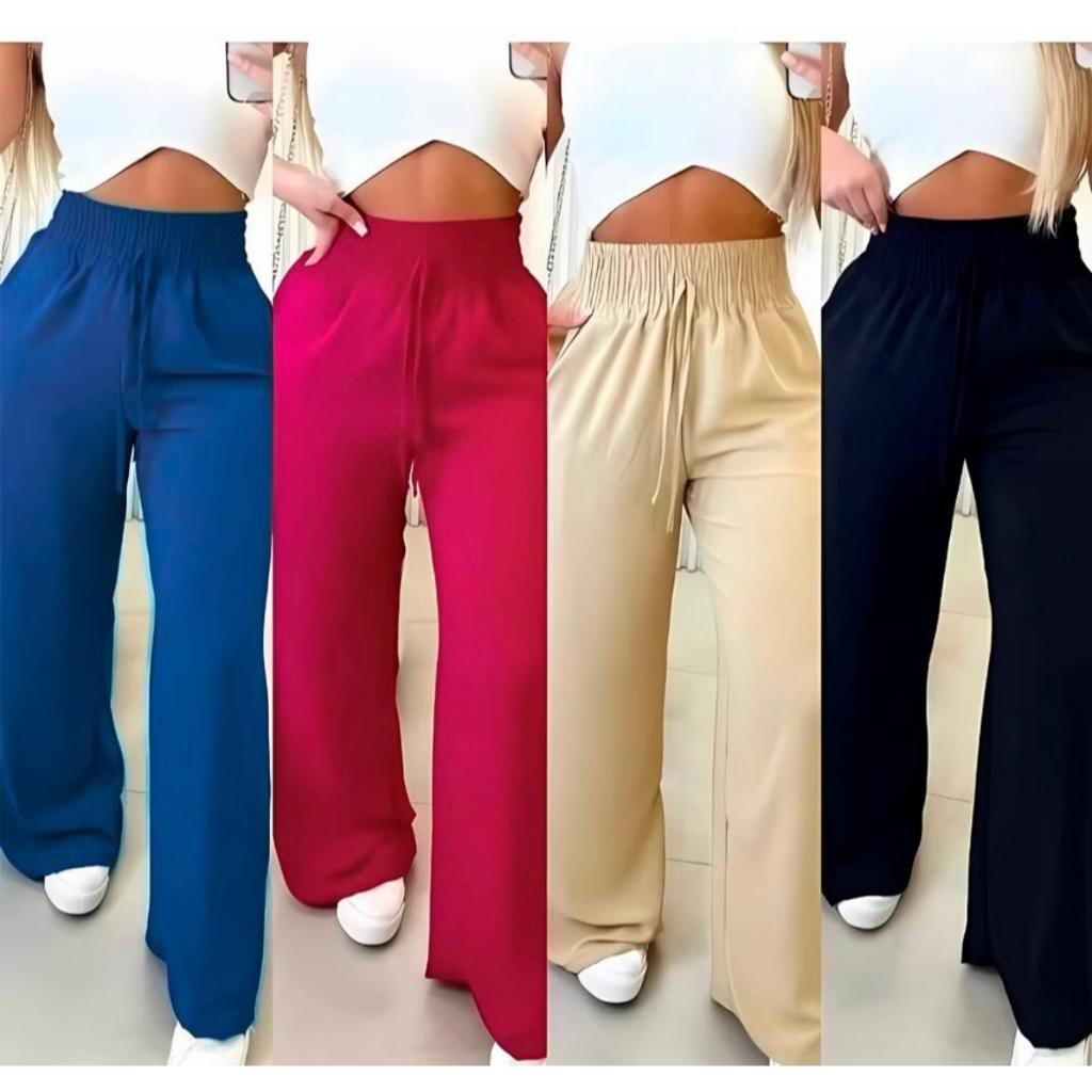 Calça Feminina Pantalona Cintura Alta Lastex Bolso Alfaiataria Preta