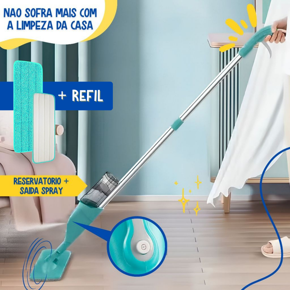 Kit Mop Spray Com Reservatório E Refil Microfibra Limpeza Rodo Esfregão Mágico Giratório 180 Graus