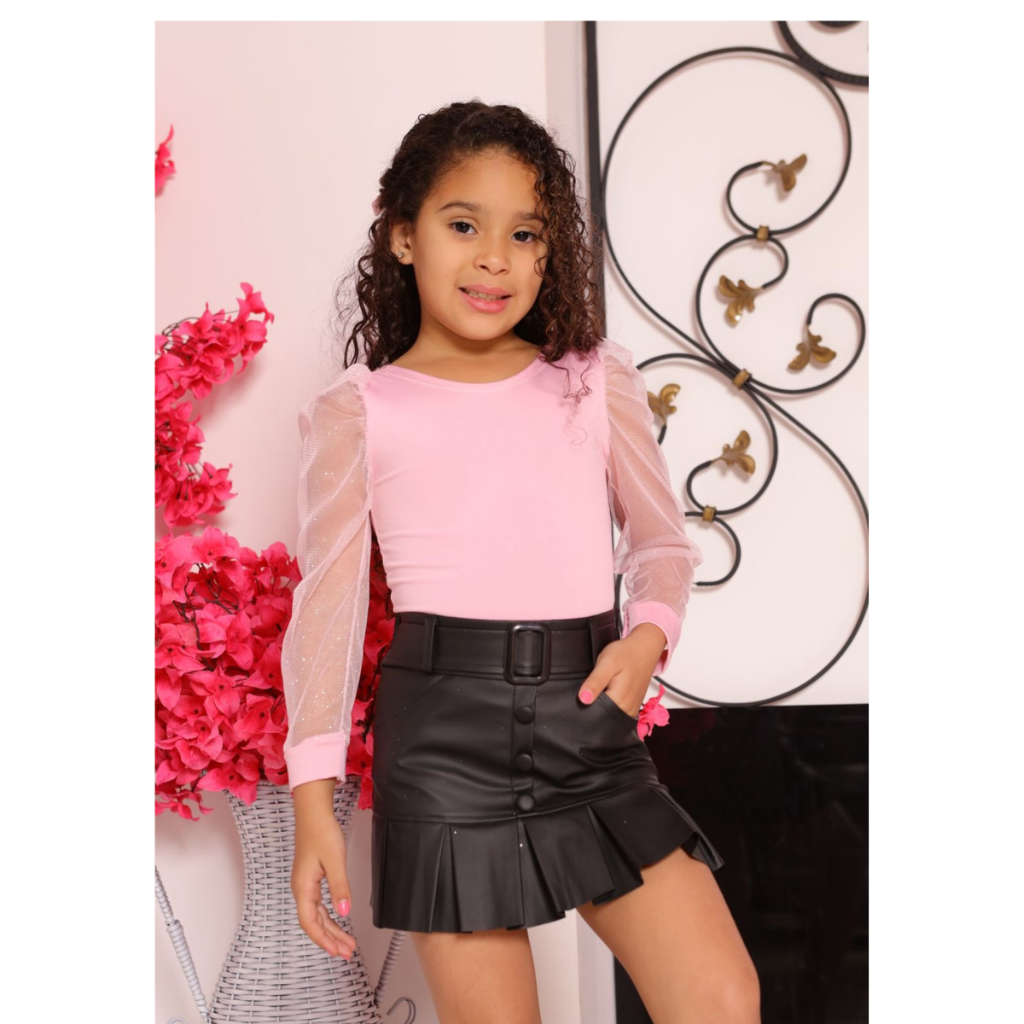 Conjunto Infantil Menina Body Manga Tule + Saia com CintoModa Diva Luxuoso Para Ocasiões Especiais