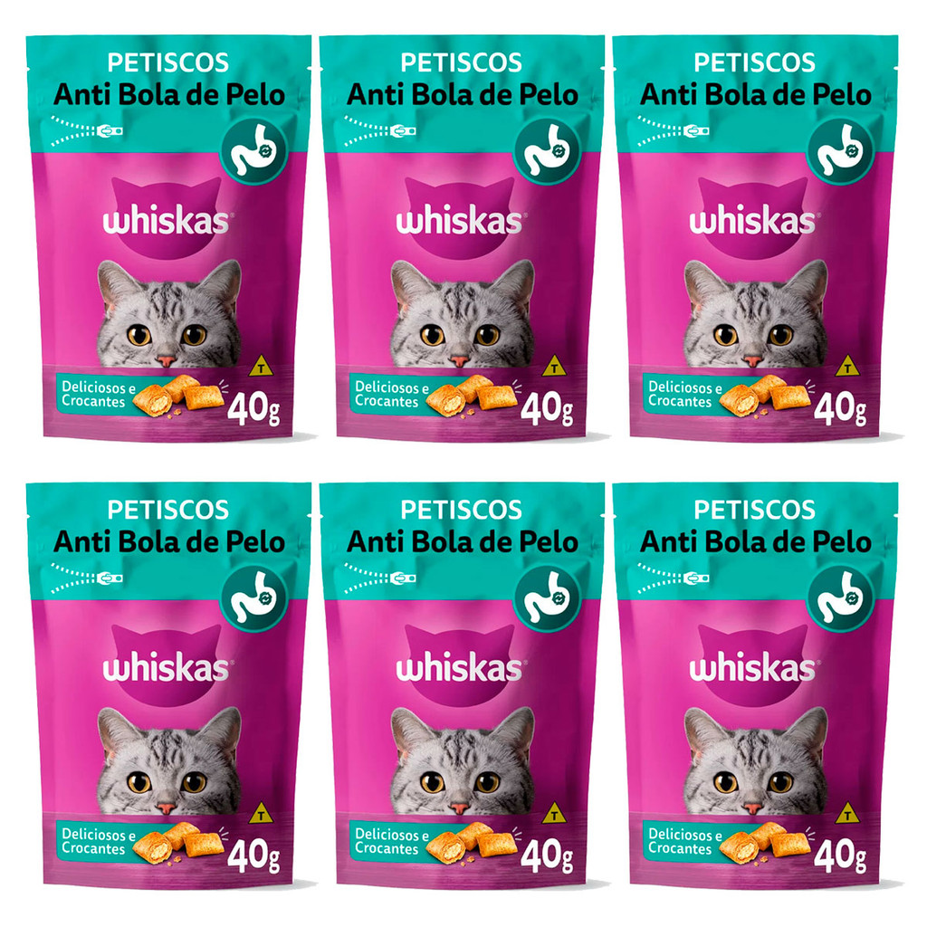 Kit 6 Sachês Petiscos Para Gato Whiskas Anti Bola De Pelo