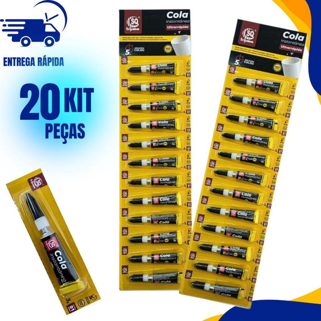 KIT 20 Super Cola Instantânea Tubo 3g Ultra Rápida Adesivo Transparente Uso Geral C/ 20 Ou 10 Unid