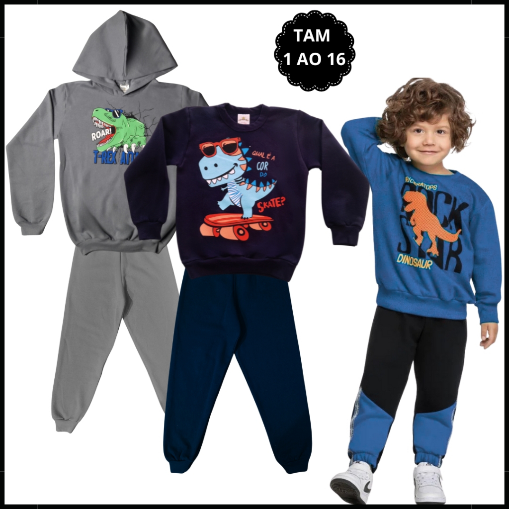 Kit 4 Peças Conjunto de Moletom Infantil Menino 2 Blusa Moletom e 2 Calça Moletom com Punho 1 ao 16