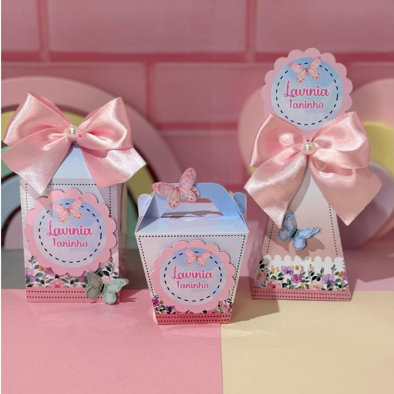Pegue e monte | Kit caixas personalizadas Jardim das borboletas c/laço| Festa Decoração | Aplique 3D
