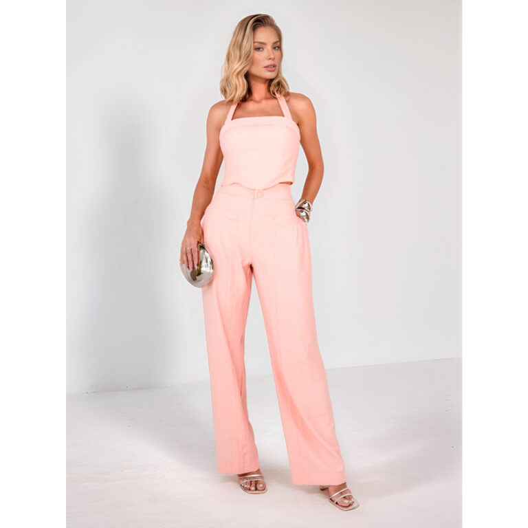 Conjunto Feminino Longo Alfaiataria Cropped Calça