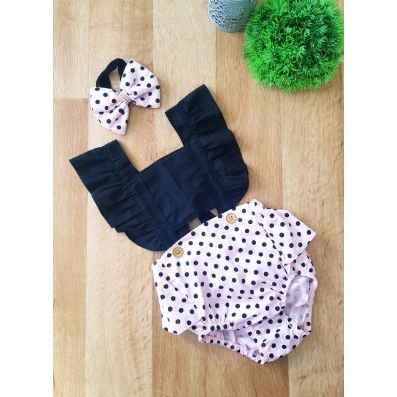 romper body bolinhas rosa e preto veste até 2 anos