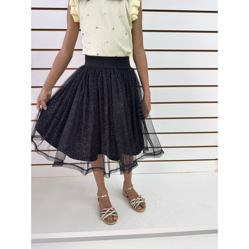 Saia Infantil Preta de Tule com Glitter  Moda Evangélica  6 a 14 Anos