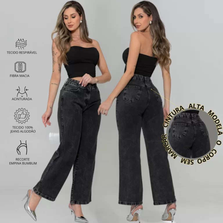 Calça Jeans Cinza WideLeg Feminina Cintura Alta S
